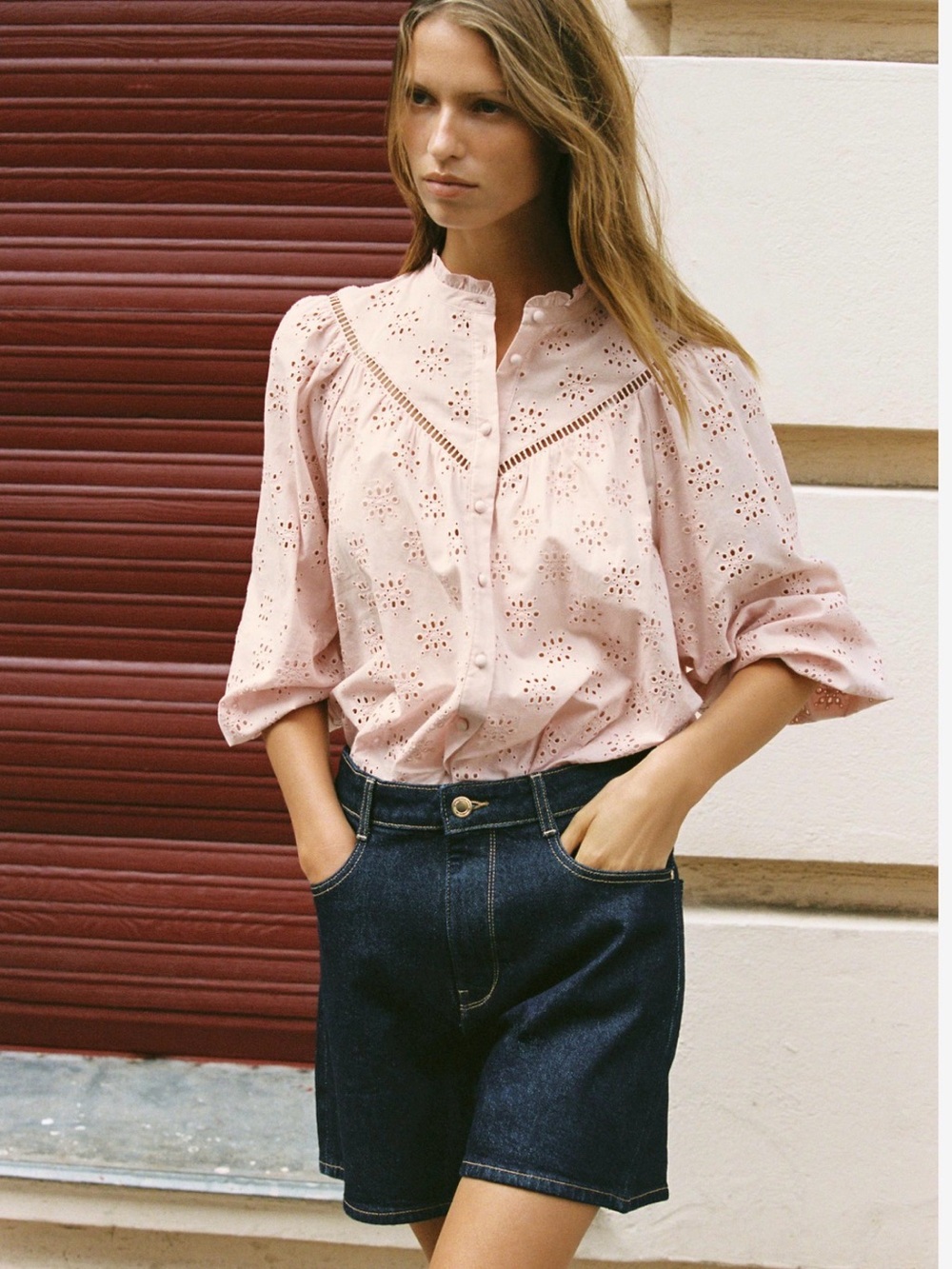 Zara Eyelet Embroidered Blouse Pink Cotton Long Sleeve Button Front Size S
